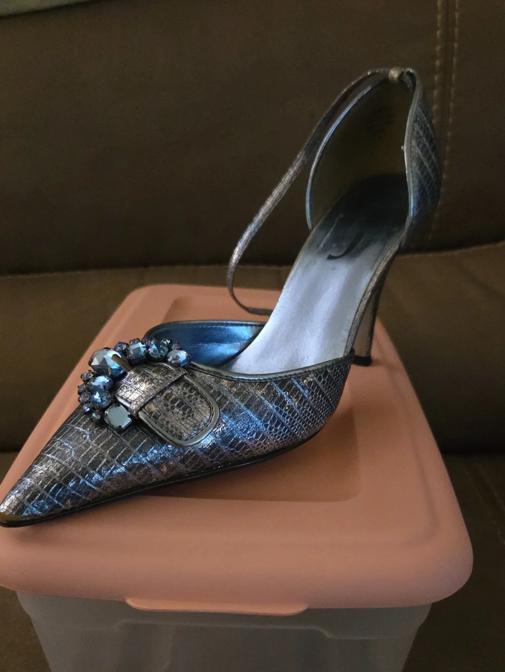 J Renee Women’s Metallic Silver Pointed Toe Heel with Jeweled Buckle